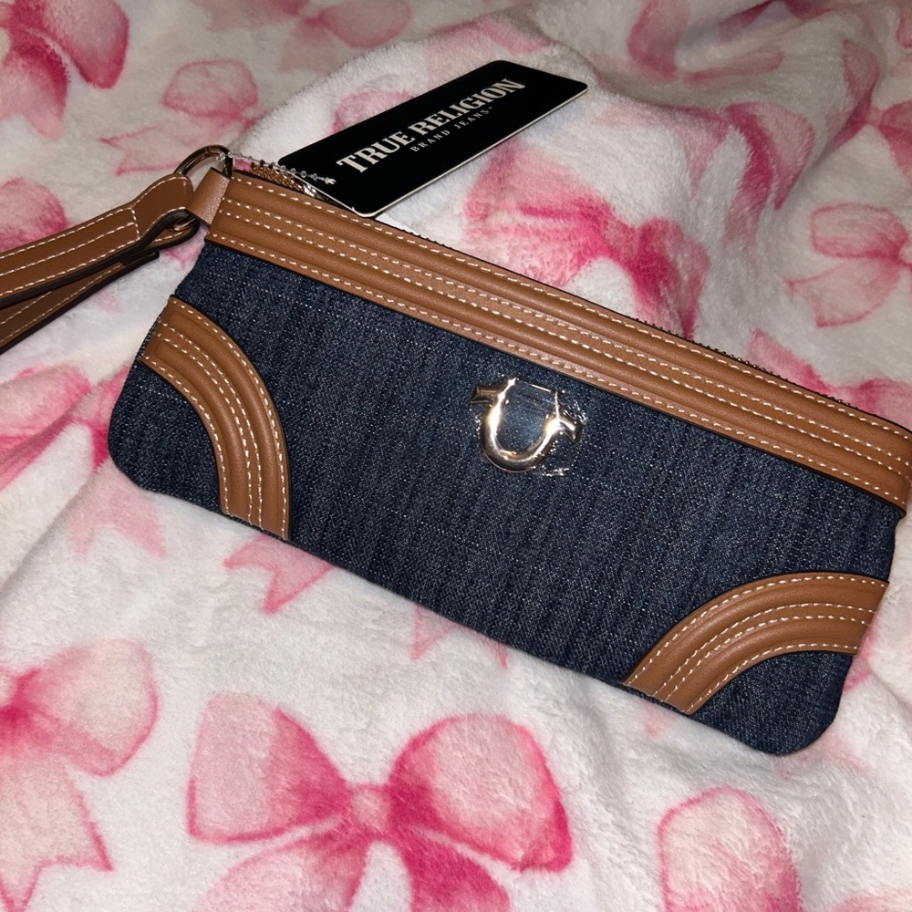 True Religion Denim Wristlet with Tan Trim